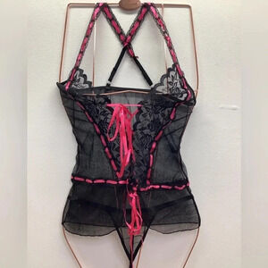 Sexy Lingerie Size S/M Two Piece Set Black & Hot Pink Mesh With Pink Ribbon. New